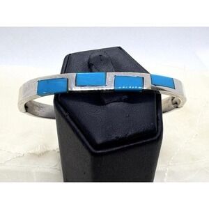 Vintage Mexico Turquoise Hinged Bangle Bracelet 7'' Sterling 925 Silver 25g Boho